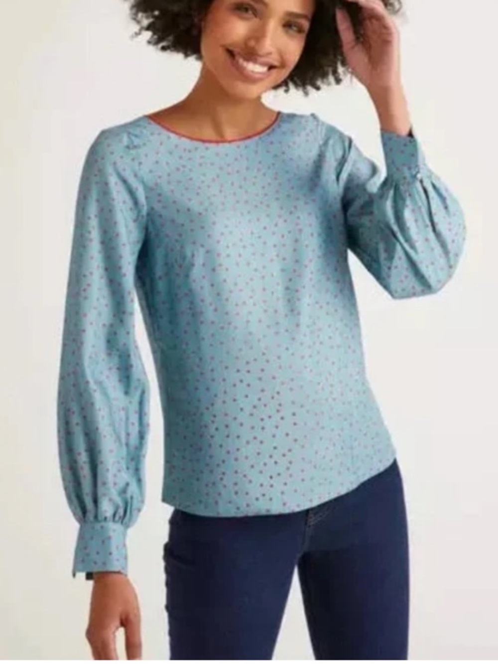 Boden Zada Light Blue Red Polka Dot Silk Blouse